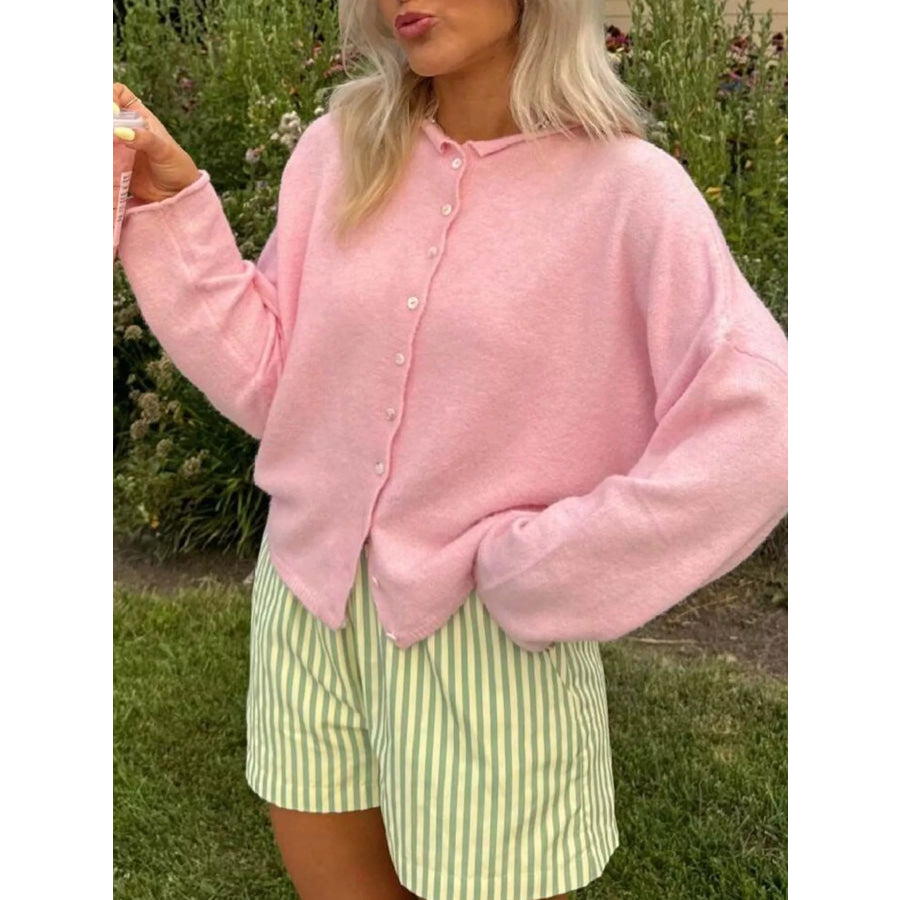 Button-Down Dropped Shoulder Cardigan Pink / S Apparel and Accessories