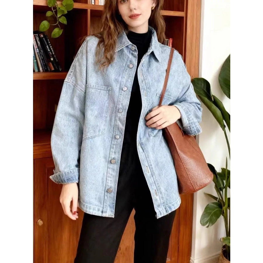 Button-Down Dropped Shoulder Denim Jacket Blue / XS Apparel and Accessories
