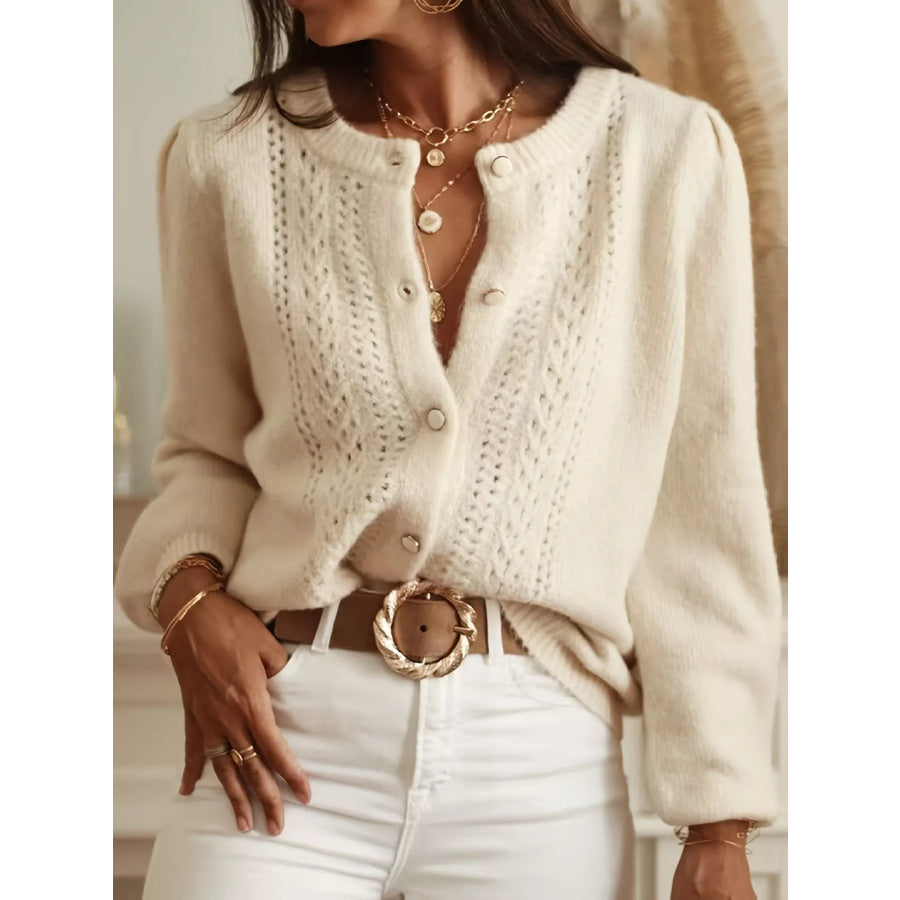 Button-Down Eyelet Long Sleeve Cardigan Apricot / S Apparel and Accessories