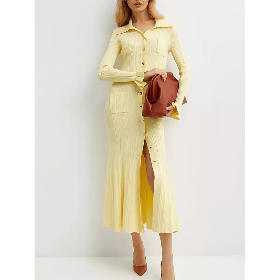Button-Down Flounce Sleeve Sweater Dress Pastel Yellow / XS Apparel and Accessories