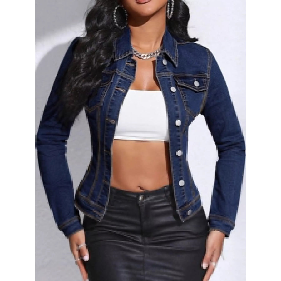 Button-Down Front Denim Jacket Dark Blue / M Apparel and Accessories