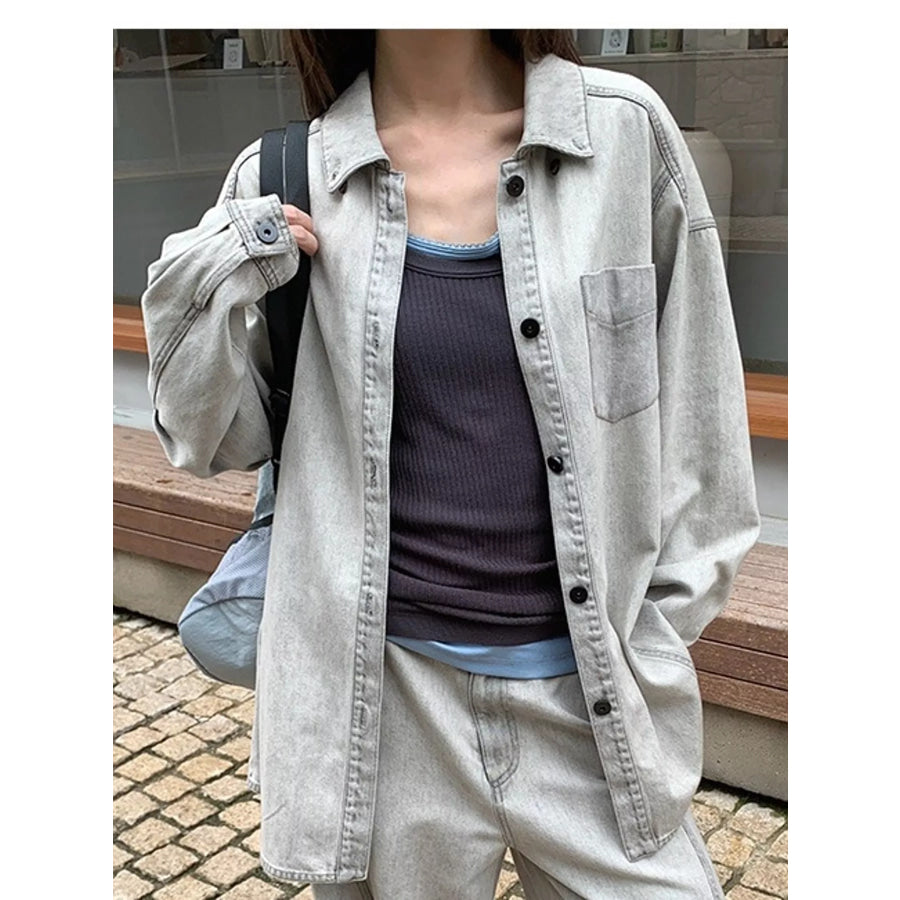 Button-Down Front Denim Shacket Gray / One Size Apparel and Accessories