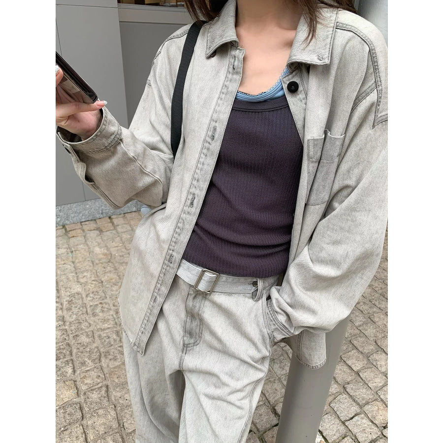 Button-Down Front Denim Shacket Gray / One Size Apparel and Accessories