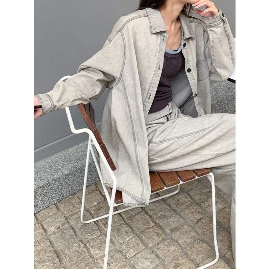 Button-Down Front Denim Shacket Gray / One Size Apparel and Accessories