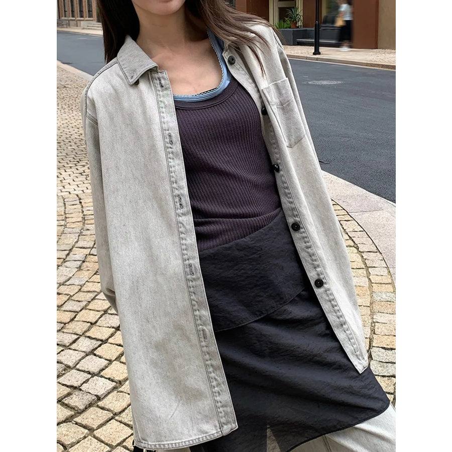 Button-Down Front Denim Shacket Gray / One Size Apparel and Accessories