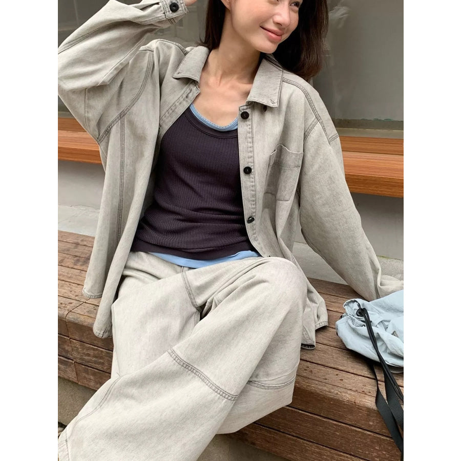 Button-Down Front Denim Shacket Gray / One Size Apparel and Accessories