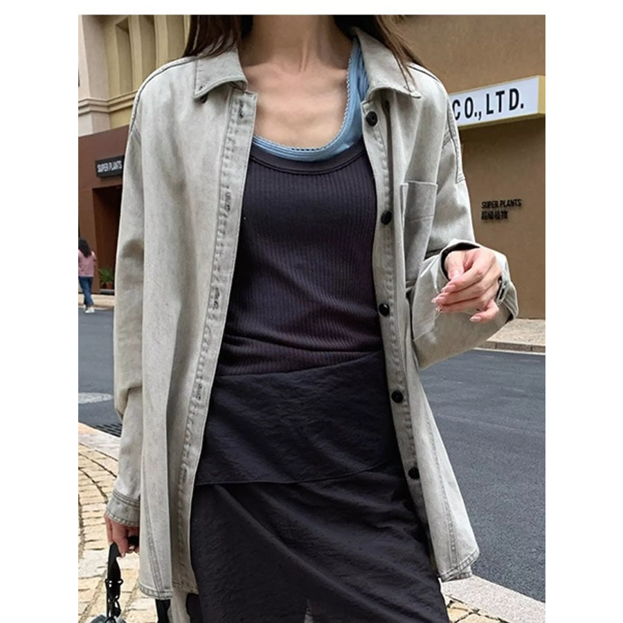 Button-Down Front Denim Shacket Gray / One Size Apparel and Accessories