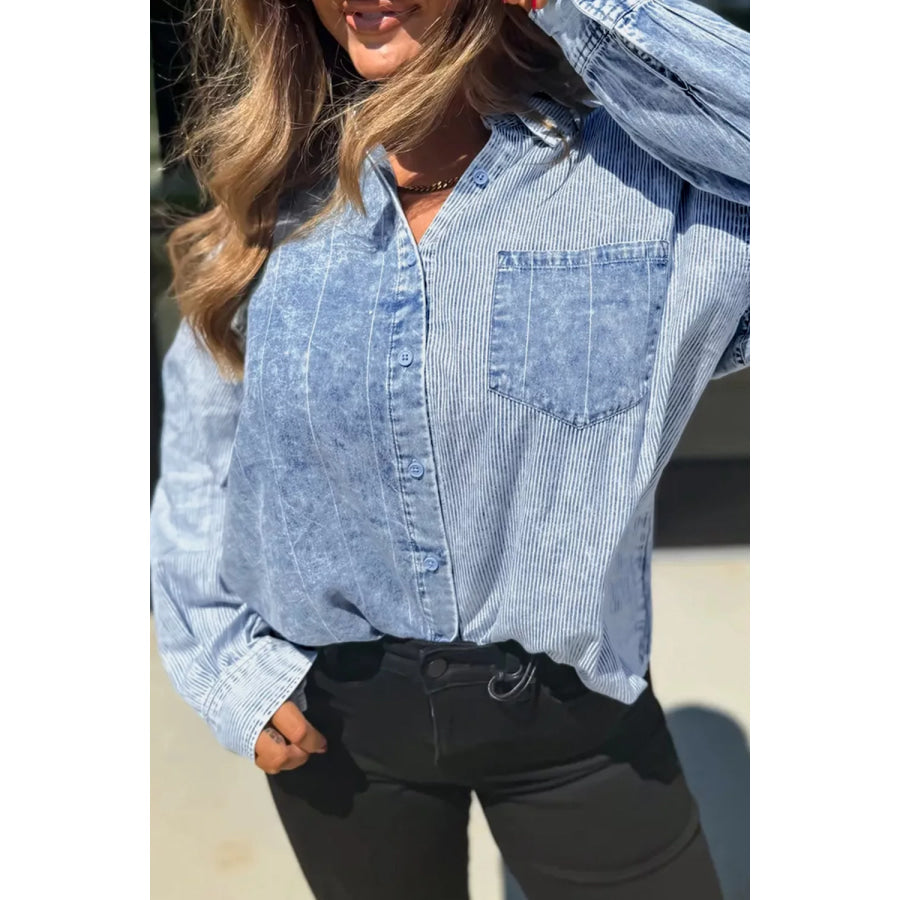 Button-Down Front Striped Denim Shirt Light Blue / S Apparel and Accessories