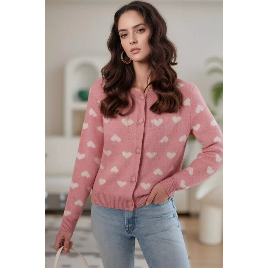 Button Down Heart Pattern Cardigan Dusty Pink / S Apparel and Accessories