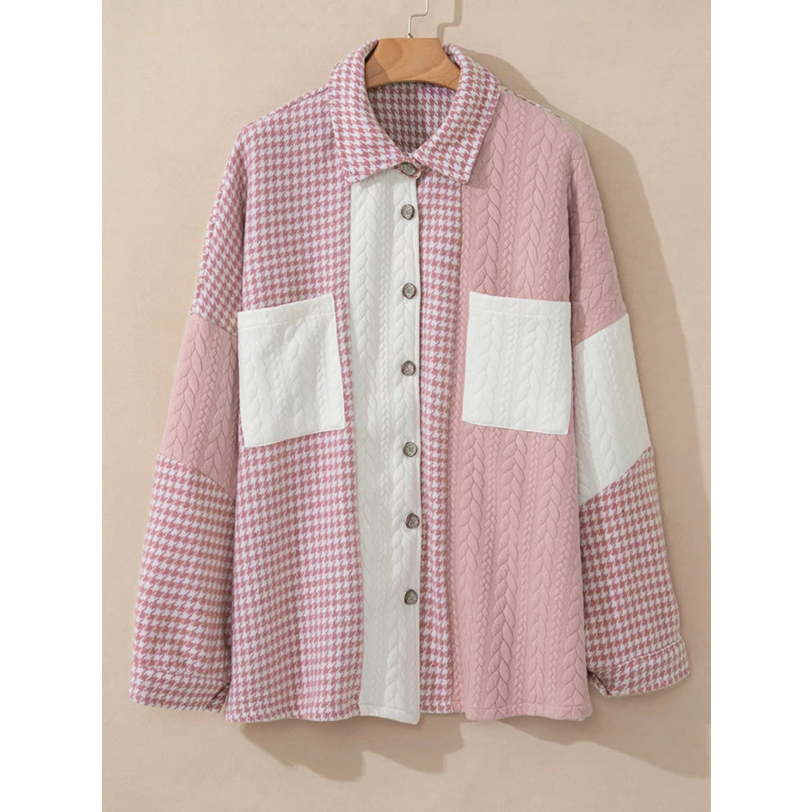 Button Down Houndstooth Color Block Shacket Apparel and Accessories