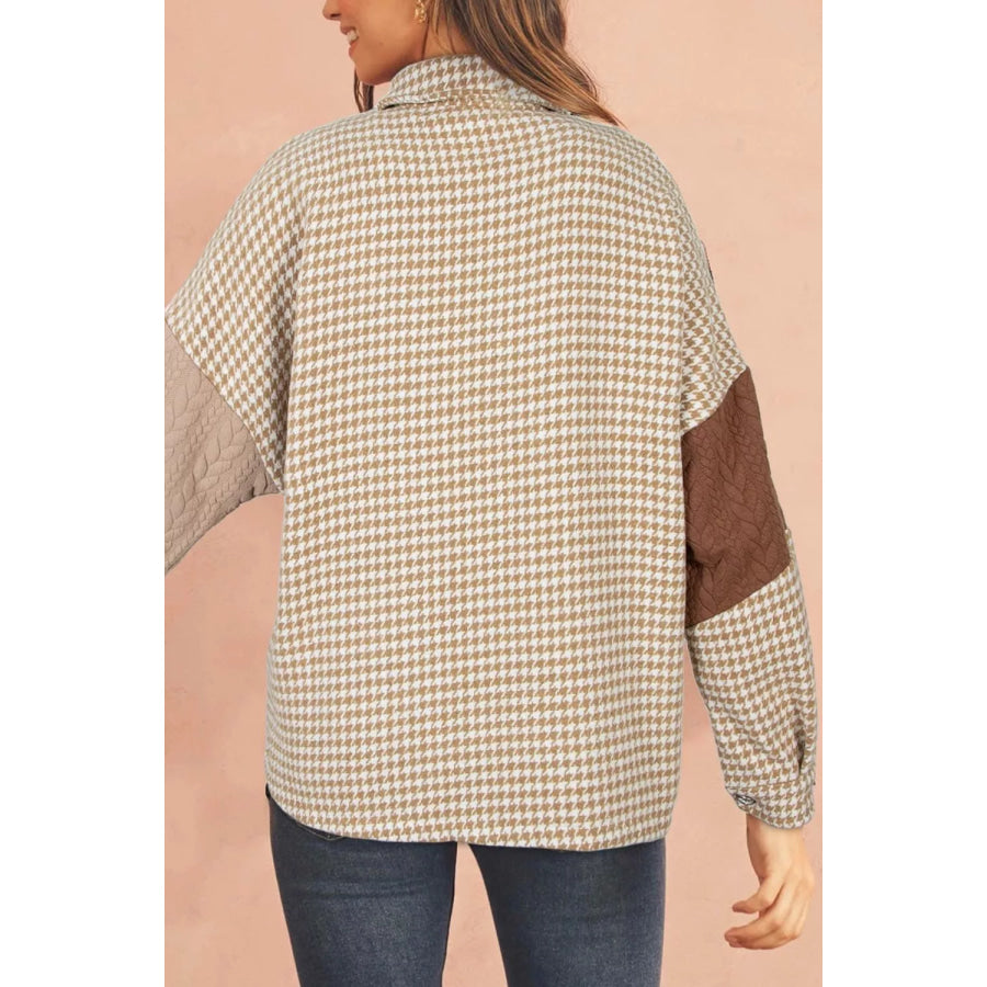 Button Down Houndstooth Color Block Shacket Apparel and Accessories