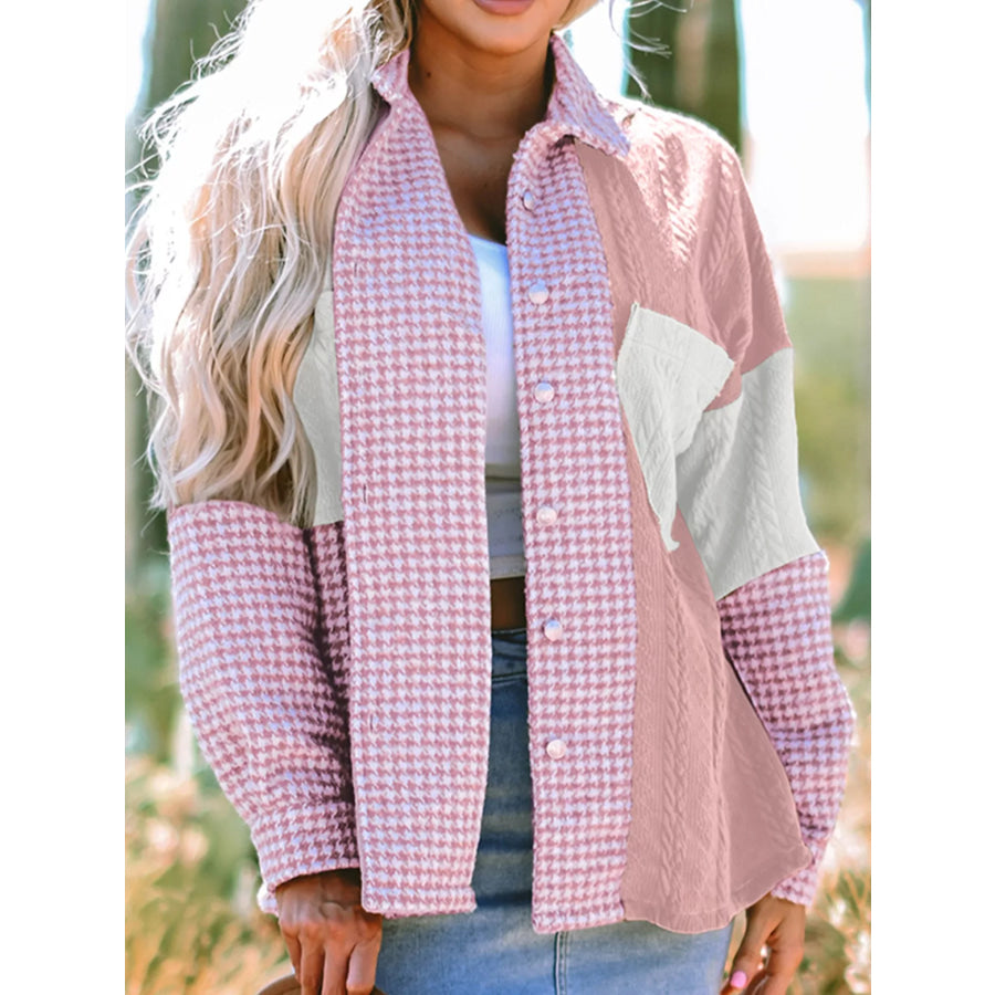 Button Down Houndstooth Color Block Shacket Dusty Pink / S Apparel and Accessories