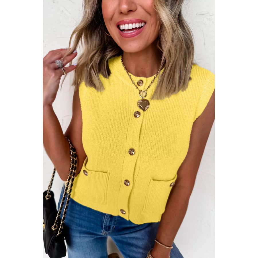 Button-Down Knit Sweater Vest Yellow / S Apparel and Accessories