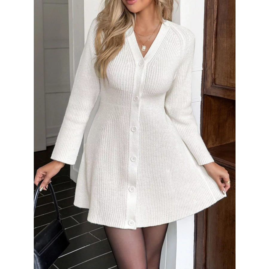 Button-Down Knitted Sweater Dress White / S Apparel and Accessories