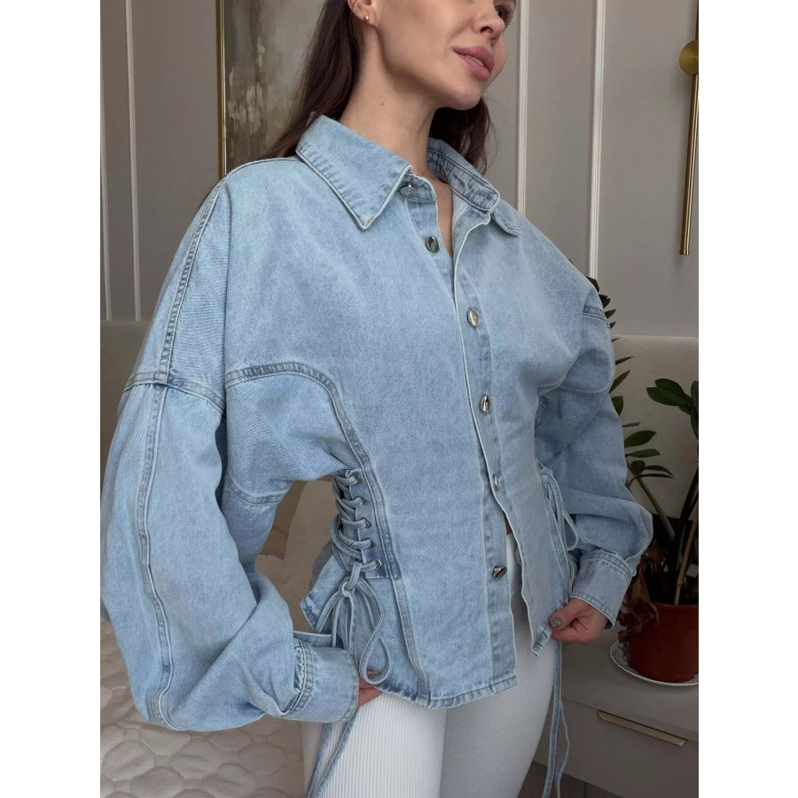 Button Down Lace-Up Side Denim Jacket Apparel and Accessories