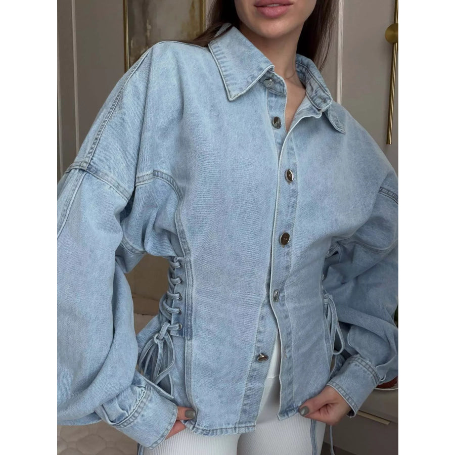 Button Down Lace-Up Side Denim Jacket Apparel and Accessories