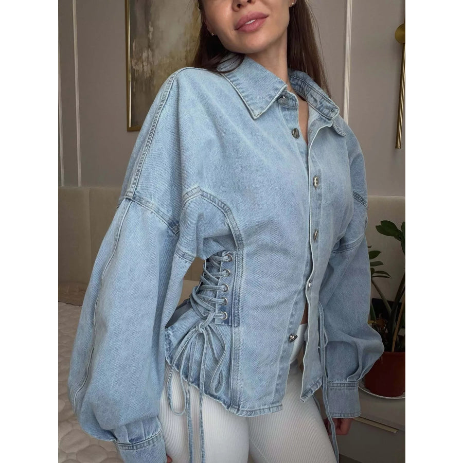 Button Down Lace-Up Side Denim Jacket Light Blue / S Apparel and Accessories