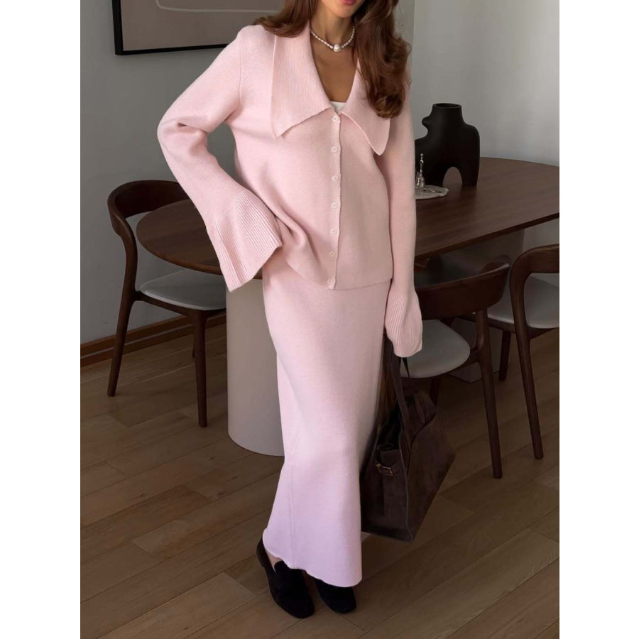 Button Down Long Sleeve Cardigan and Skirt Knit Set Apparel and Accessories