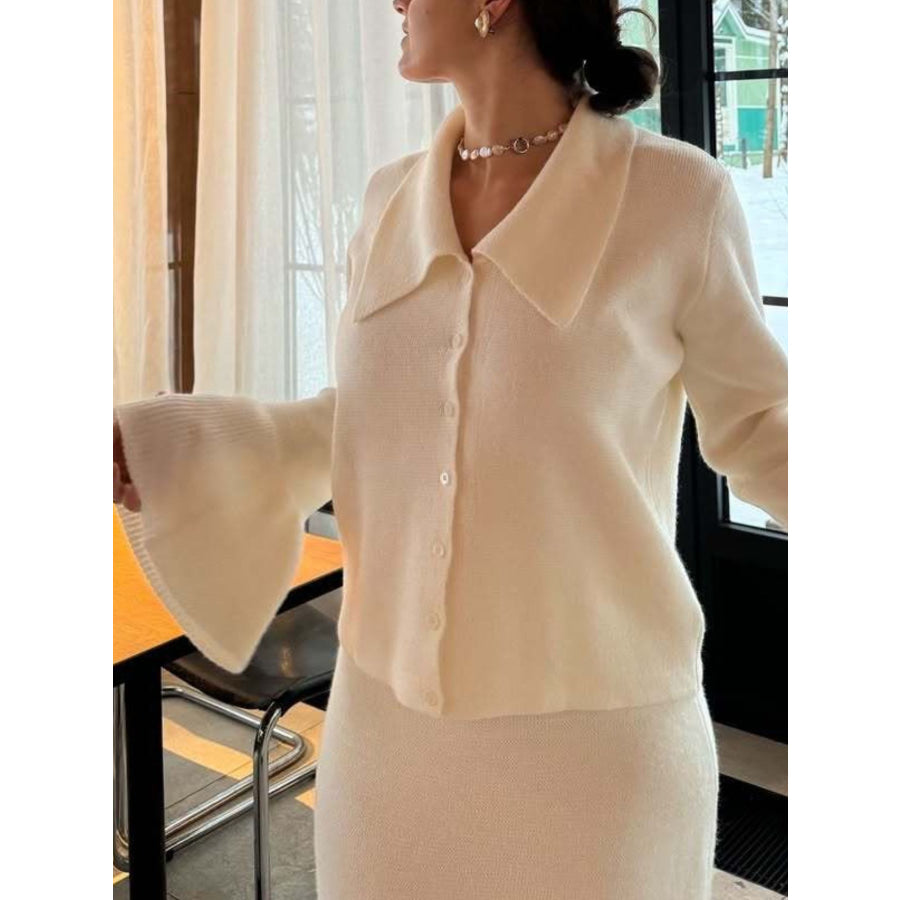 Button Down Long Sleeve Cardigan and Skirt Knit Set Apparel and Accessories