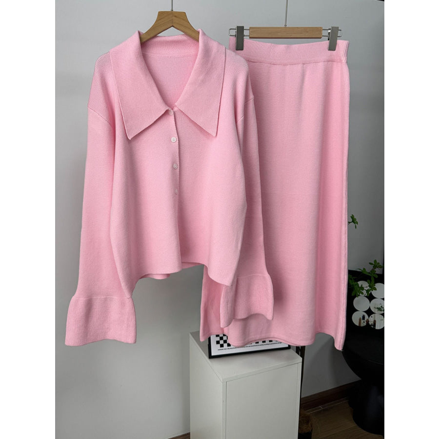 Button Down Long Sleeve Cardigan and Skirt Knit Set Apparel and Accessories