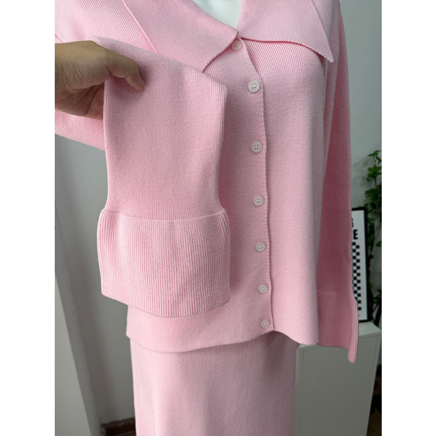 Button Down Long Sleeve Cardigan and Skirt Knit Set Apparel and Accessories