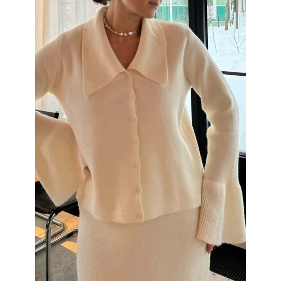 Button Down Long Sleeve Cardigan and Skirt Knit Set Apparel and Accessories