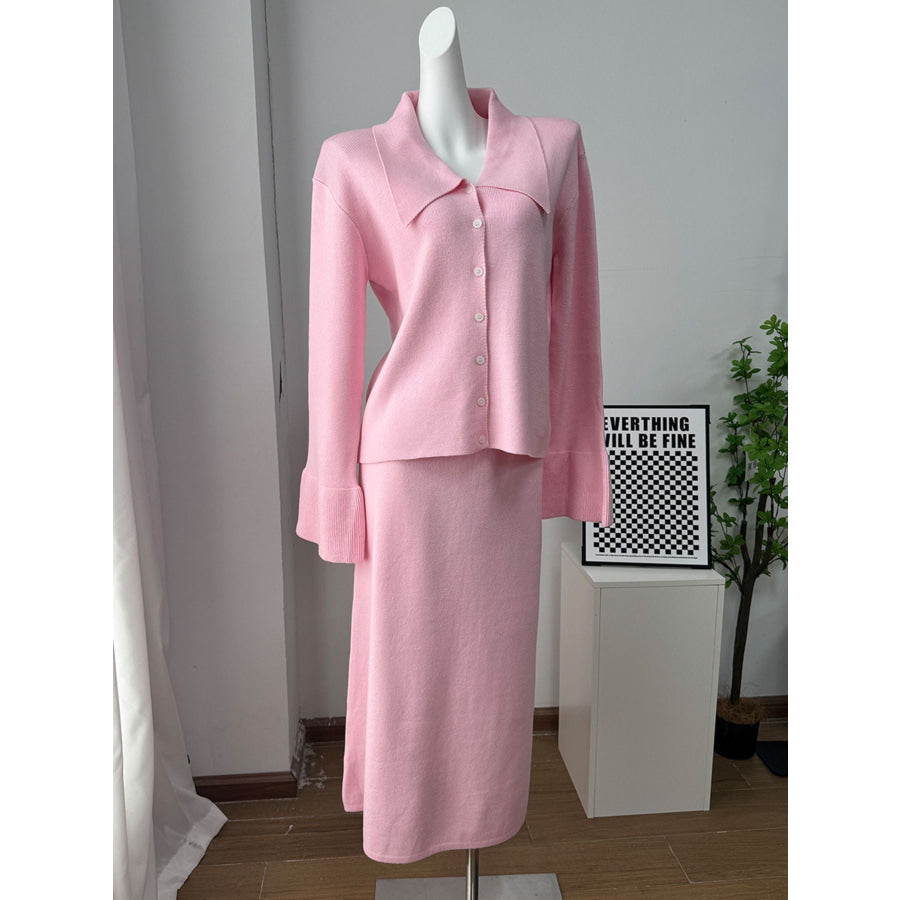 Button Down Long Sleeve Cardigan and Skirt Knit Set Apparel and Accessories