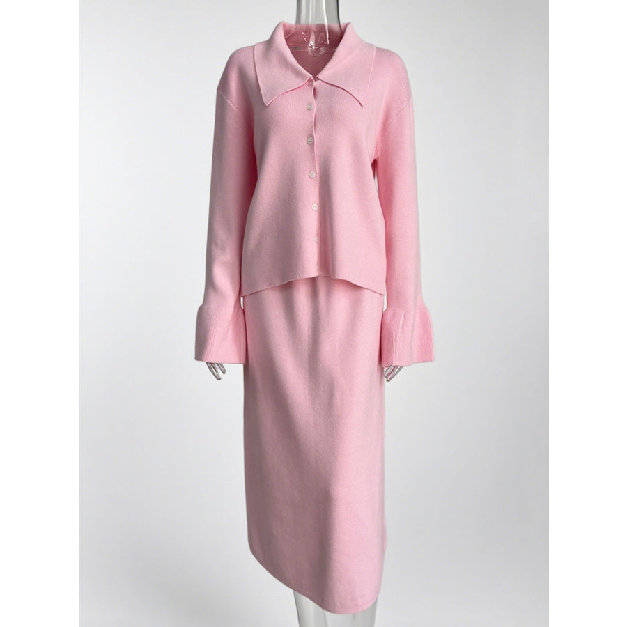 Button Down Long Sleeve Cardigan and Skirt Knit Set Apparel and Accessories