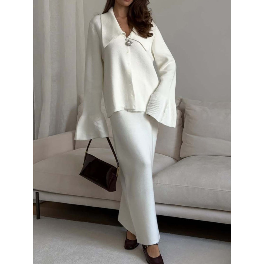 Button Down Long Sleeve Cardigan and Skirt Knit Set Apparel and Accessories