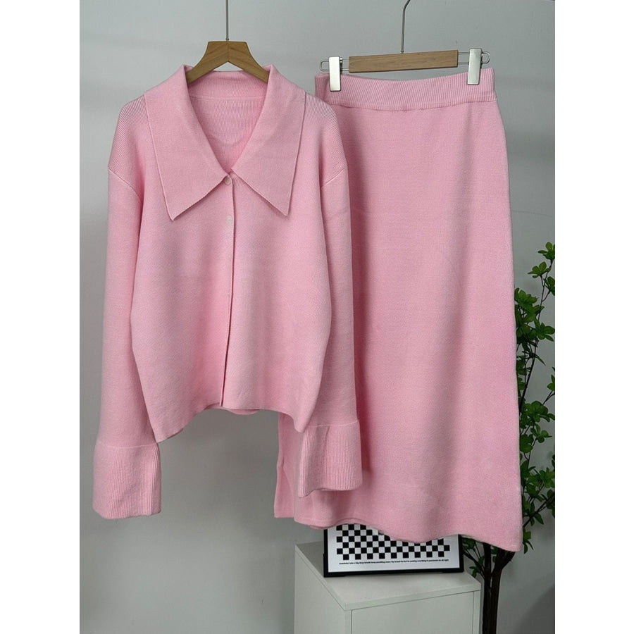 Button Down Long Sleeve Cardigan and Skirt Knit Set Apparel and Accessories