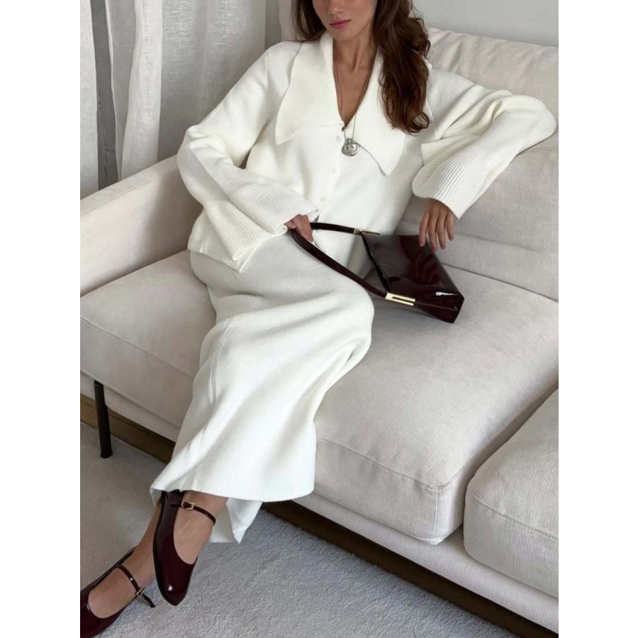 Button Down Long Sleeve Cardigan and Skirt Knit Set Apparel and Accessories
