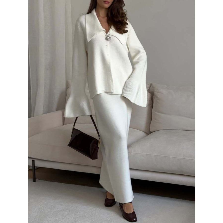 Button Down Long Sleeve Cardigan and Skirt Knit Set Milky White / One Size Apparel and Accessories