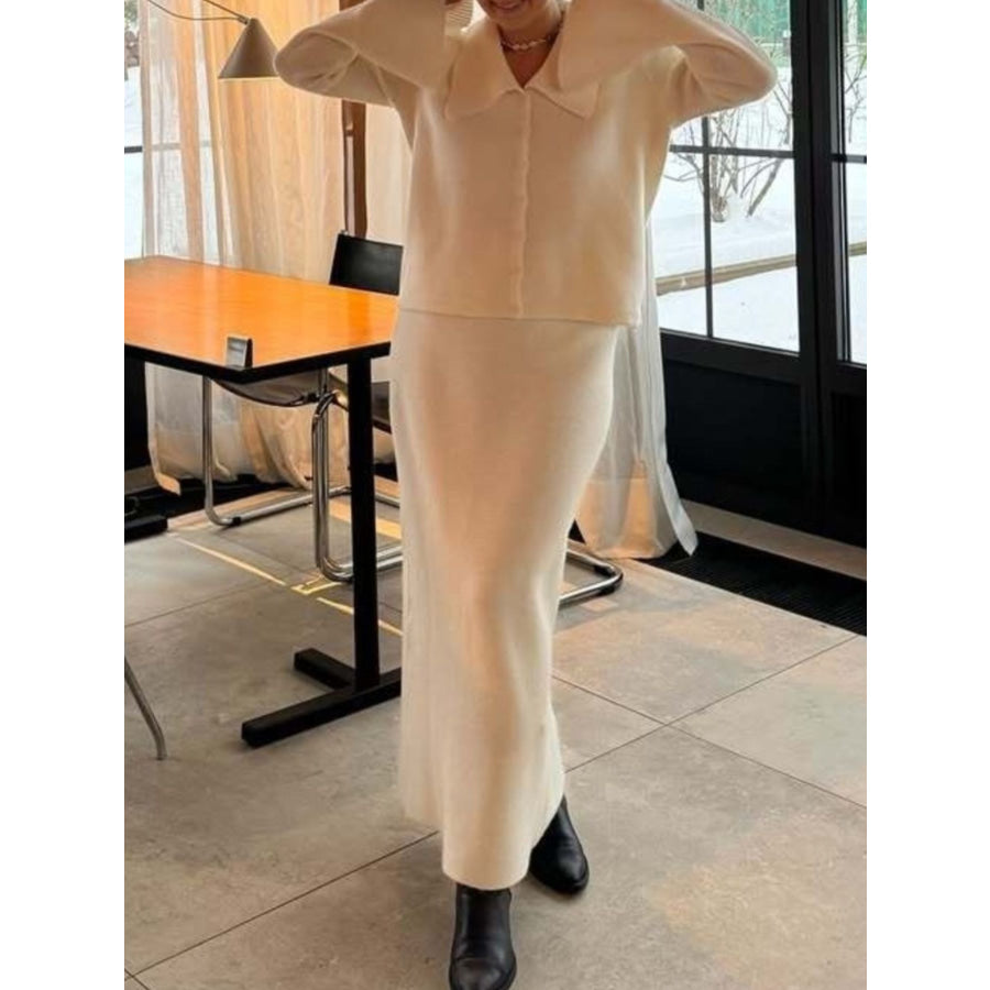 Button Down Long Sleeve Cardigan and Skirt Knit Set Apparel and Accessories