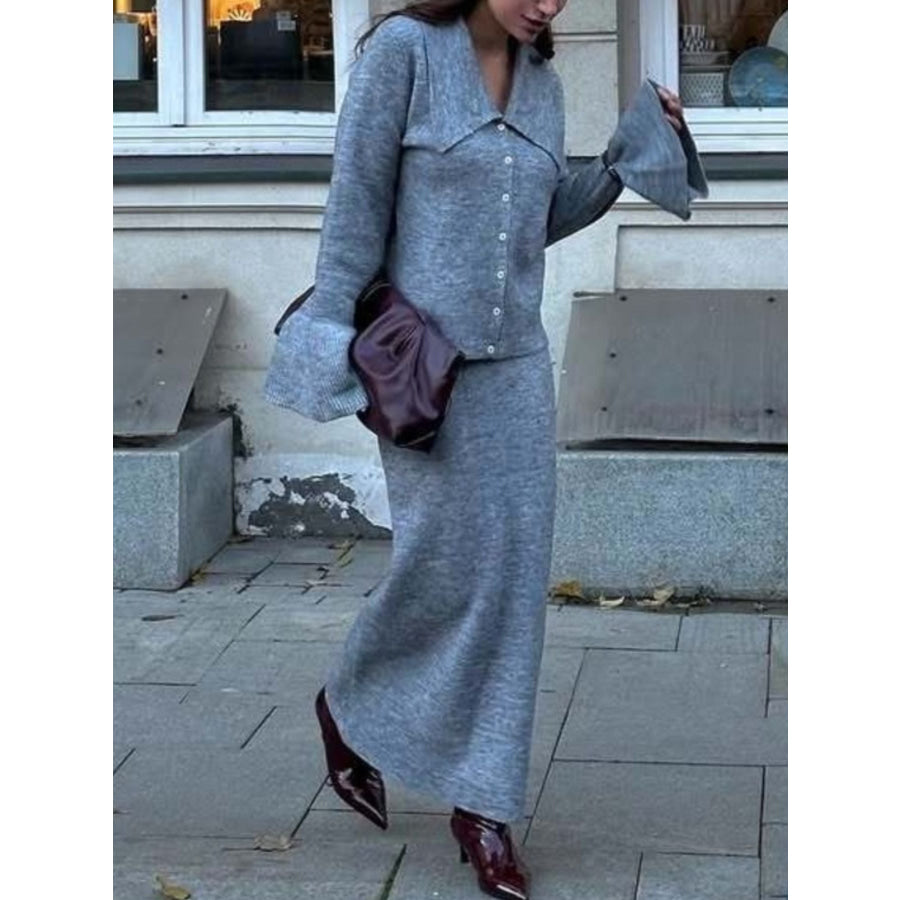 Button Down Long Sleeve Cardigan and Skirt Knit Set Grey / One Size Apparel and Accessories