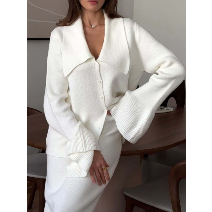 Button Down Long Sleeve Cardigan and Skirt Knit Set Milky White / One Size Apparel and Accessories