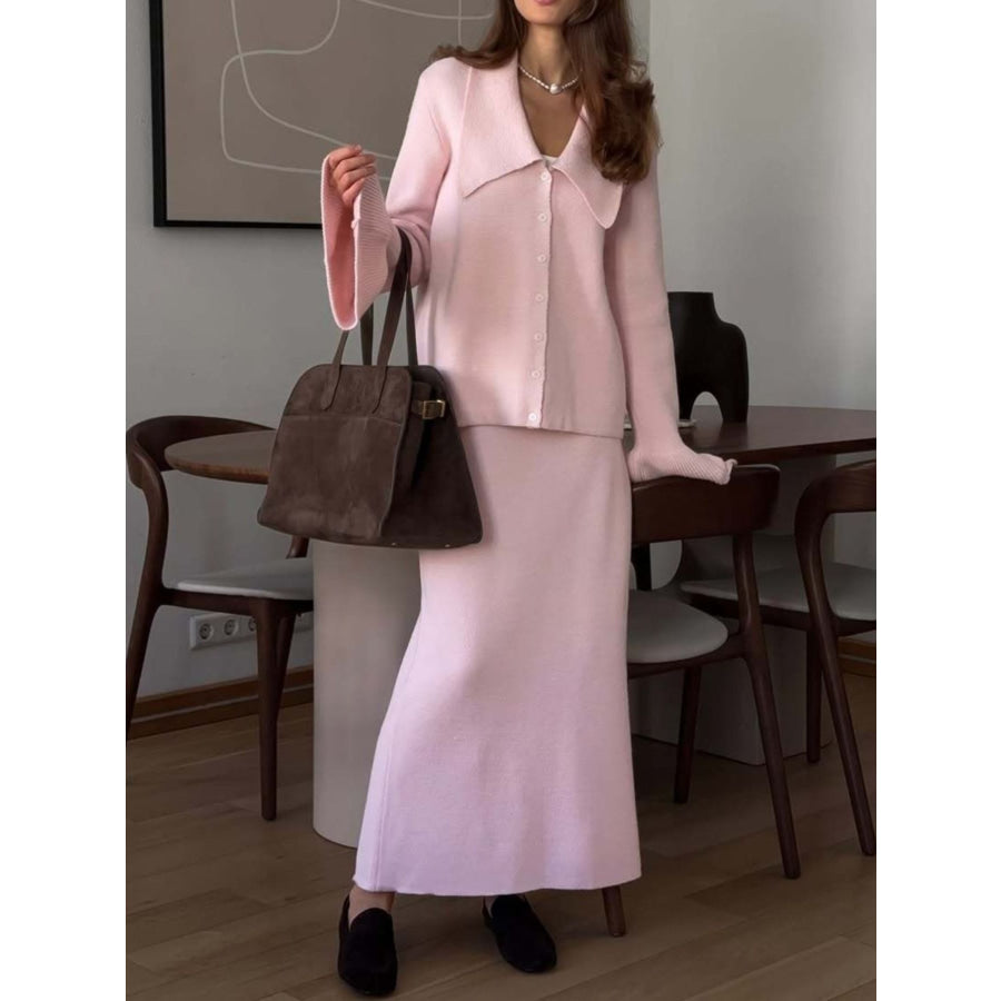 Button Down Long Sleeve Cardigan and Skirt Knit Set Pink / One Size Apparel and Accessories
