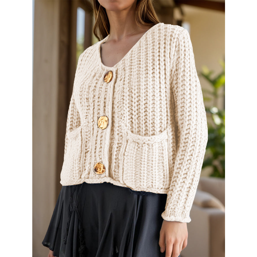 Button Down Long Sleeve Cardigan Beige / S Apparel and Accessories