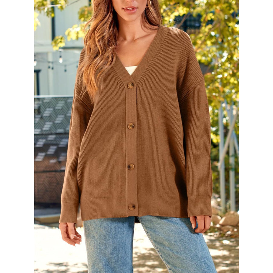 Button Down Long Sleeve Cardigan Caramel / S Apparel and Accessories