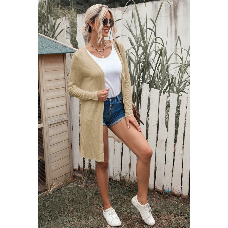 Button Down Long Sleeve Longline Cardigan Khaki / S