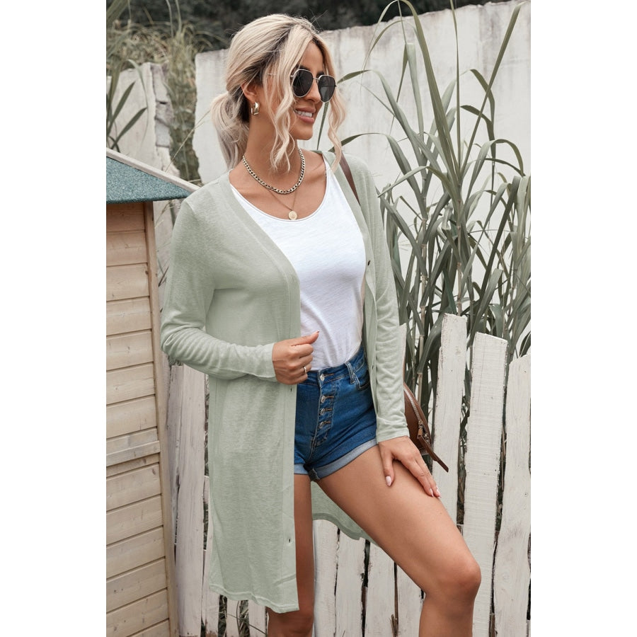 Button Down Long Sleeve Longline Cardigan Light Gray / S