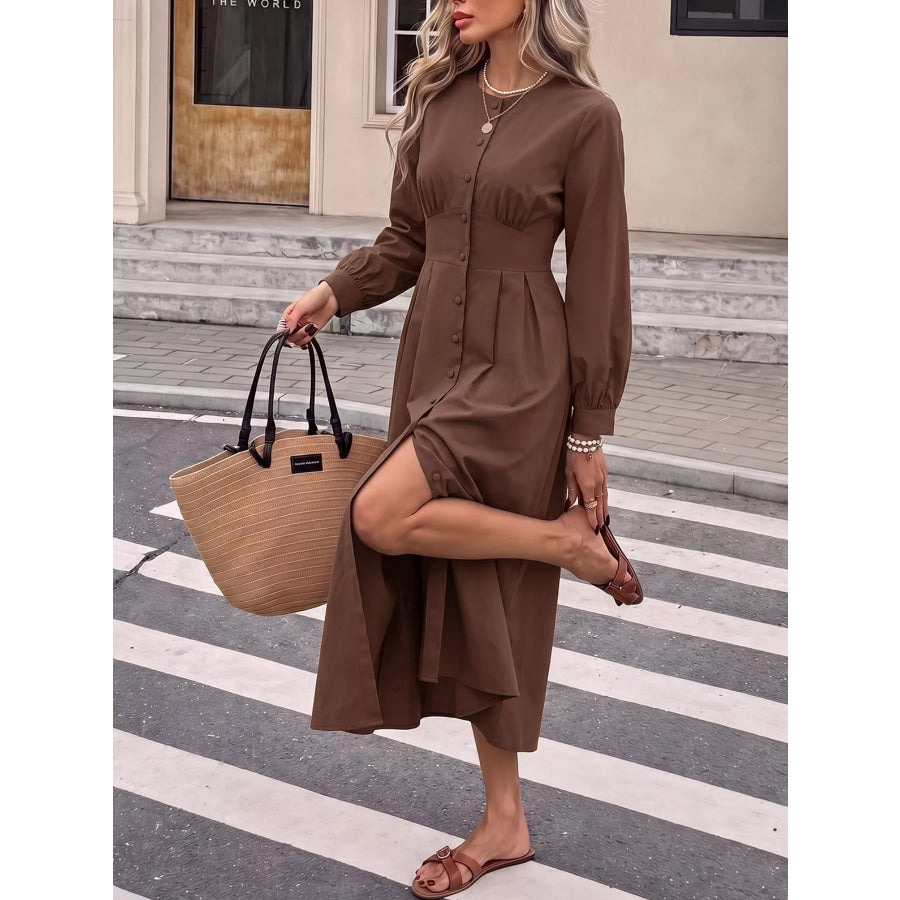 Button-Down Long Sleeve Midi Dress Apparel and Accessories