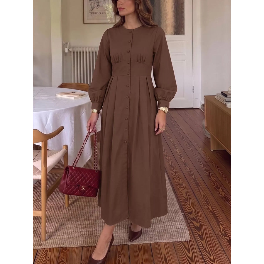 Button-Down Long Sleeve Midi Dress Apparel and Accessories