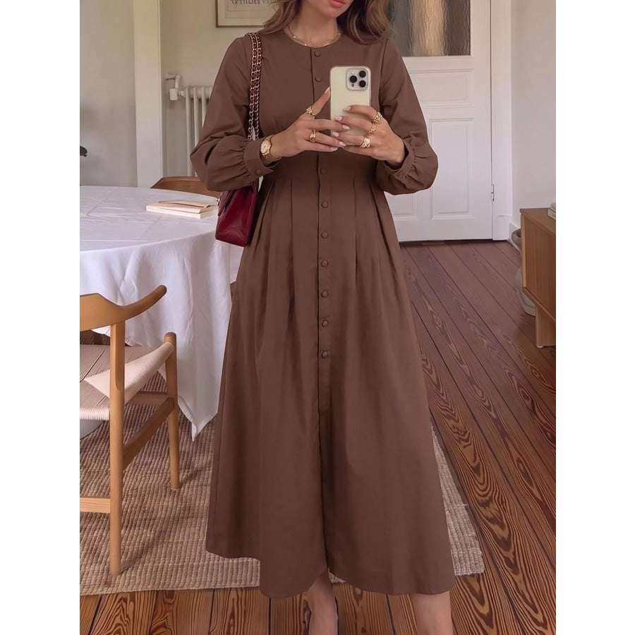 Button-Down Long Sleeve Midi Dress Apparel and Accessories
