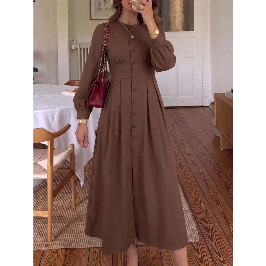 Button-Down Long Sleeve Midi Dress Coffee Brown / S Apparel and Accessories