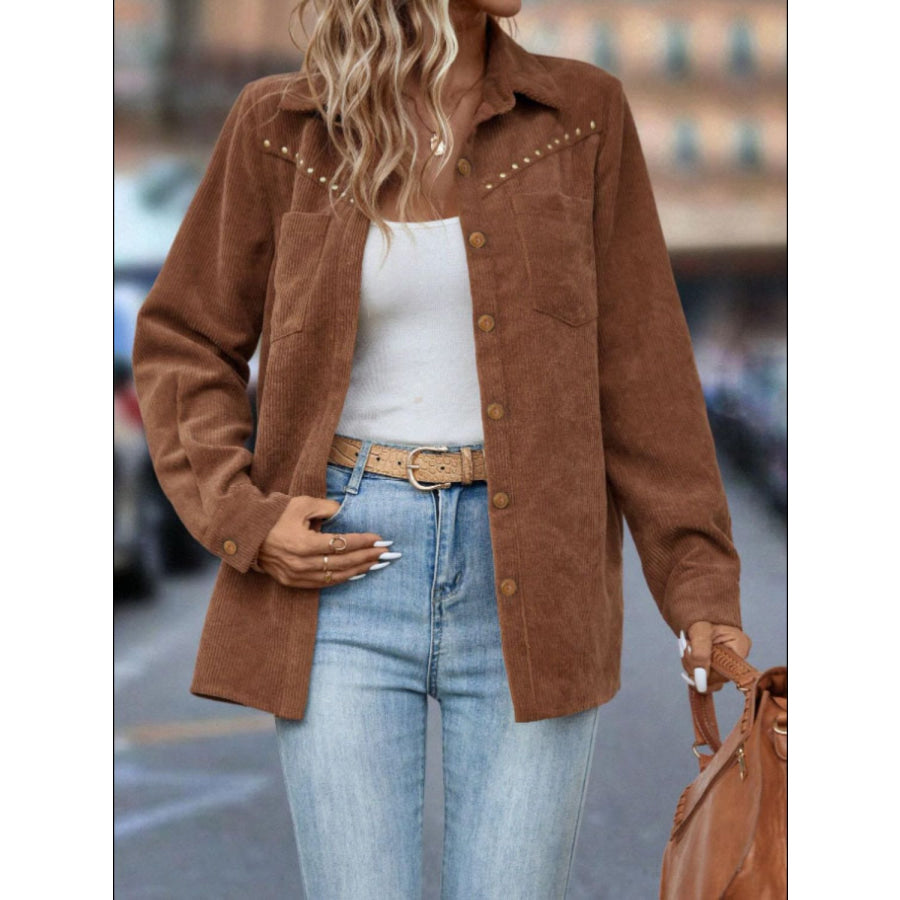 Button Down Long Sleeve Shacket Brown / S Apparel and Accessories