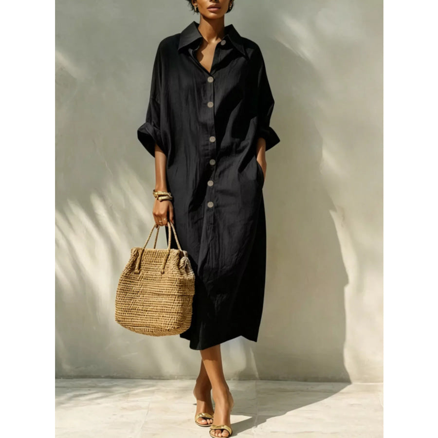 Button-Down Long Sleeve Shirt Dress Black / S Apparel and Accessories