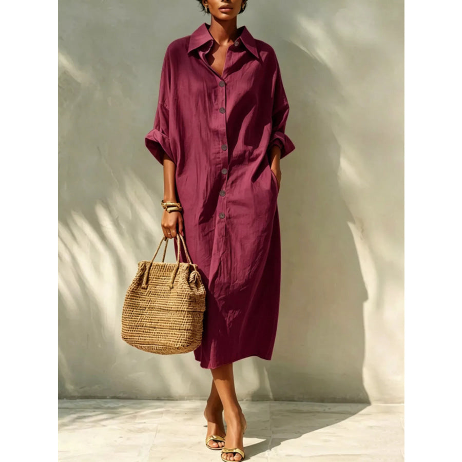 Button-Down Long Sleeve Shirt Dress Burgundy / S Apparel and Accessories