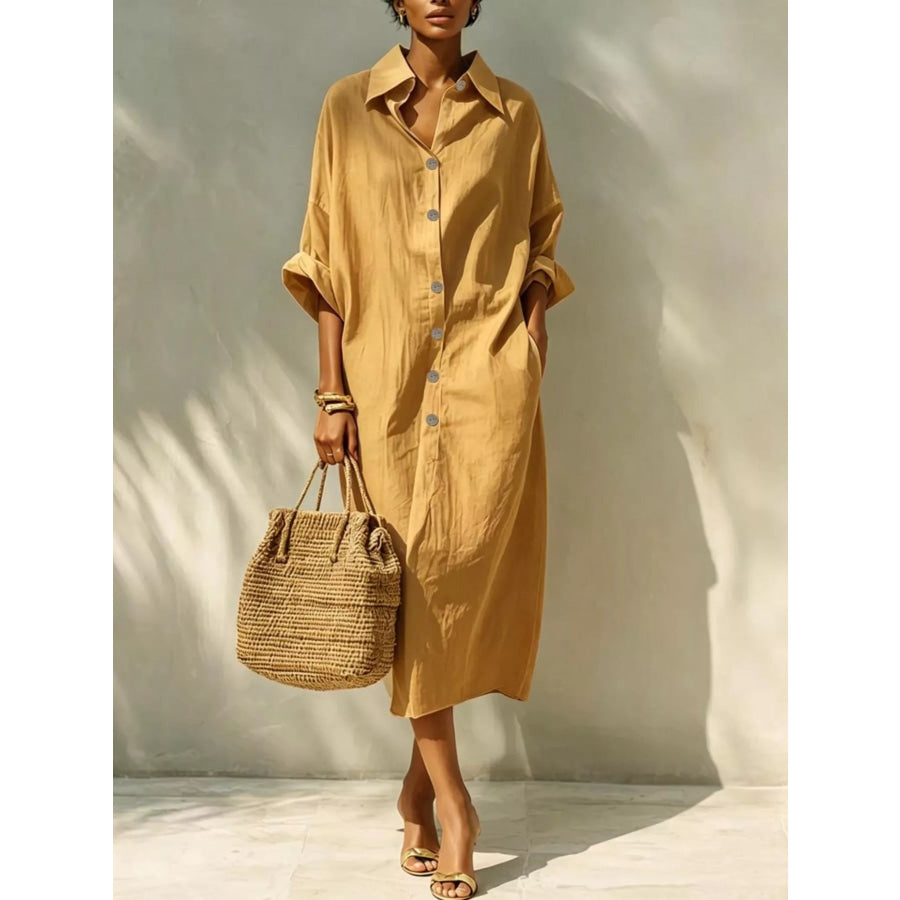 Button-Down Long Sleeve Shirt Dress Mustard / S Apparel and Accessories