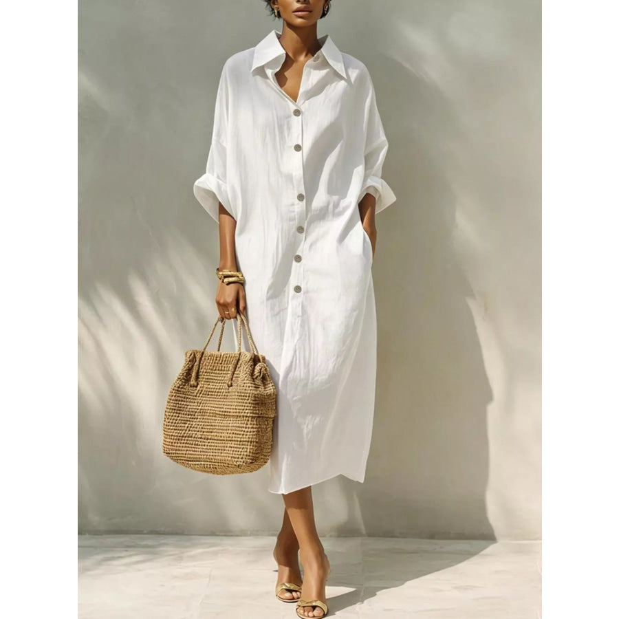 Button-Down Long Sleeve Shirt Dress White / S Apparel and Accessories