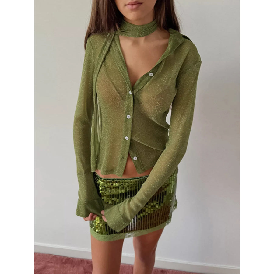 Button Down Long Sleeve Shirt with Scarf Green / S Apparel and Accessories